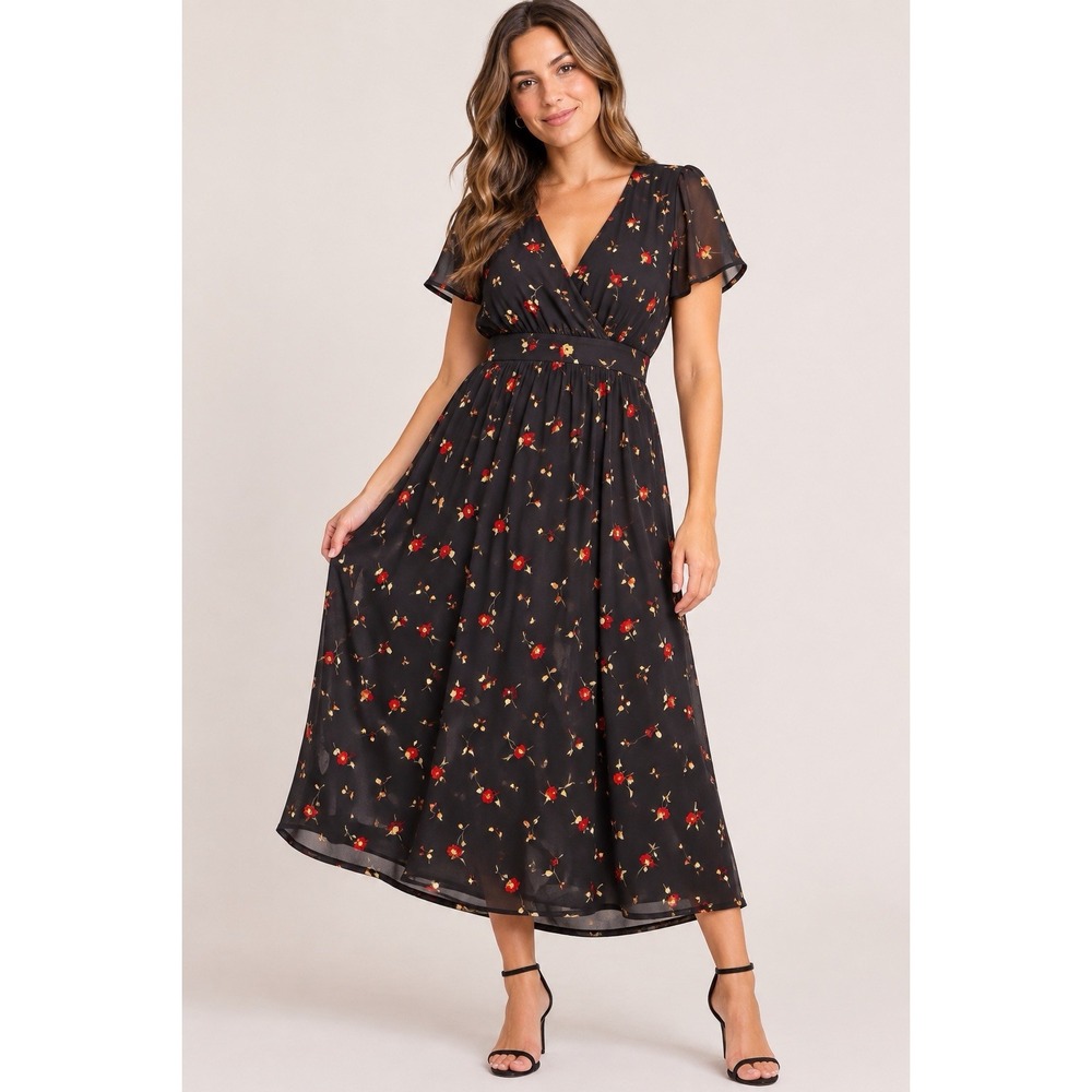 Madewell Women's Size 10 Black Floral Midi Dress Flutter Sleeve V Neck